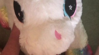 Cumming on my white plushie unicorn