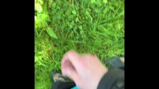 Public Jerking off and cumming in the forest.
