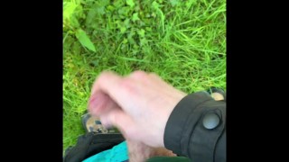 Public Jerking off and cumming in the forest.