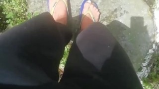 GREAT Public Outdoor traveling pissing to the river for a camera