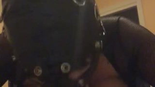Submissive leather mask wearing slave drooling gagging all over a bbc 