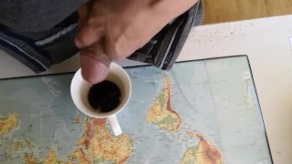 Hot guy jerking off to put some milk in his coffee