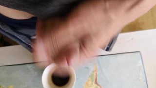 Hot guy jerking off to put some milk in his coffee