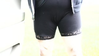 Desperate leggings pee along the road 