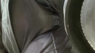 Desperate leggings pee while pumping fuel
