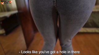 Fucked Hottie Through Hole in New Jeans and Cum in Mouth