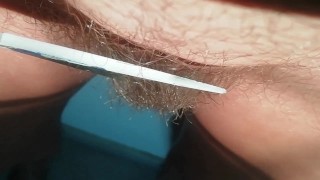 Pubic haircut with big Kitchen scissors - so scary to damage my pussy