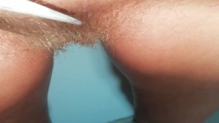 Pubic haircut with big Kitchen scissors - so scary to damage my pussy