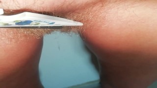 Pubic haircut with big Kitchen scissors - so scary to damage my pussy