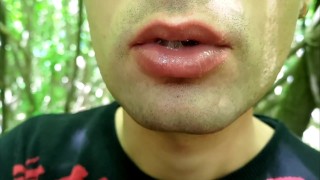 Close up playing with cum on lips - Blowing cum bubbles and swallowing all that cum