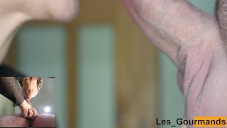 MILF Sucks Big Cock that Unloads down her Throat, Close up and Plays with Cum
