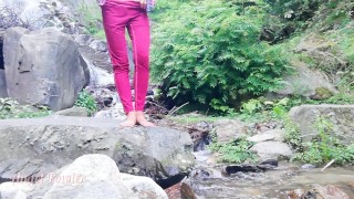 Step Sister pissing in the Waterfall stream and Showing her feet - Angel Fowler
