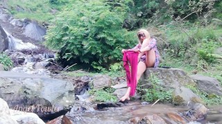 Dirty babe pissing, washing panties, ass, pussy & feet in the Waterfall stream near tourist camp