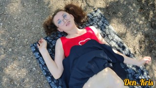 cute schoolgirl with glasses gives blowjob and sex on the old road to get a lot of cum on fa