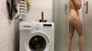  BEAUTY TRAINS HER SWEET PUSSY WITH A DILDO. Masturbating and cumming in the shower
