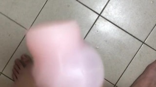 Masturbating in the bathroom, I fucked that stroker so hard and came inside