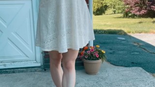 Pulling up my dress to show off my nude body before spraying piss everywhere!