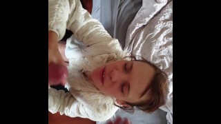Girl in fur coat sucking and jerking dick gets cum all over her mouth