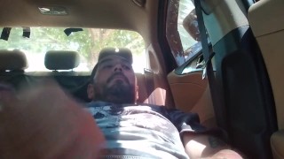 Day time public, risky car masterbation, cock stroke session with people walking by