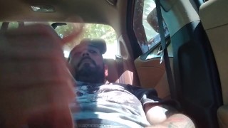 Day time public, risky car masterbation, cock stroke session with people walking by