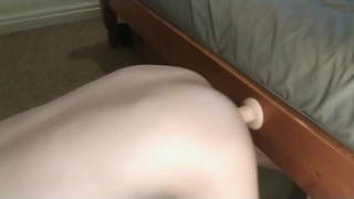 Smooth hot twink rides thick dildo 