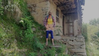 Urban Fitness girl pissing outside in Village, risky to be caught - Angel Fowler 