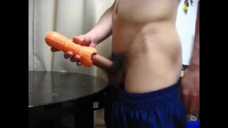 Japanese amateur, cumshot in artificial vagina wearing blue soccer uniform!