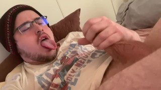 Tongue Out Self Facial, Big Cumshot!