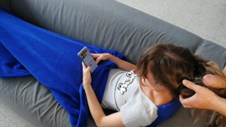 Pee and cum on hair while she is on sofa
