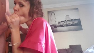 Curly haired milf sucking and jerking my cock till I cum