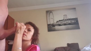 Curly haired milf sucking and jerking my cock till I cum