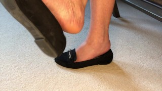 DANGLING BLACK WORK SHOES AND FOOT FETISH TEASE
