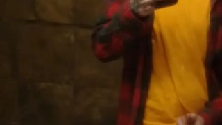SKINNY GUY IN HAT AND FLANNEL CUMS IN BATHROOM MIRROR AT WORK
