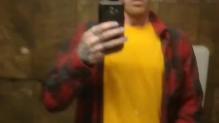 SKINNY GUY IN HAT AND FLANNEL CUMS IN BATHROOM MIRROR AT WORK