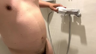 A chubby Asian guy with a fat belly and a small cock takes a shower