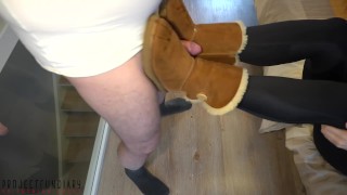 housewife in Uggs - blowjob and deepthroat with lots of saliva causes dirty mess on her boots