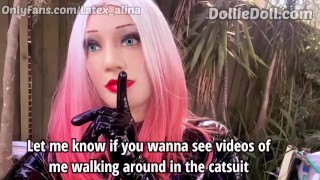 Wearing Latex Catsuit with Silicone Breasts Implants For the First Time 