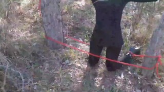 Outdoor sex in the wood. Wearing sexy clothes and high heels, bound, throated and fucked