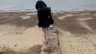 British babe Smoking and flashing on the beach 