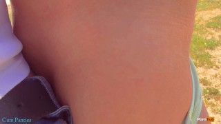 Stranger again cum in my panties on the beach Risky public creampie