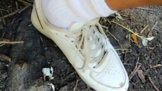 Piss and cum - Cleaning used white sneakers with pee and cum and pee again in the garden