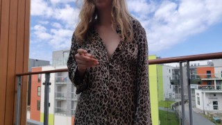 Smoking on the balcony in my leopard PJs