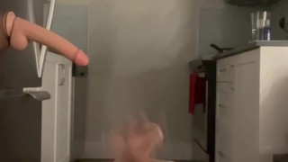 Horny boy gives slobbery head to dildo before riding it hard