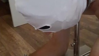 Slave anal plugged in stainless bondage device