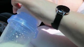 Pumping my big milk tits empty in the car
