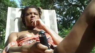 Cute black they/themme outdoor orgasm squirting in the sun