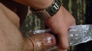 imagining himself with a bigger cock made him suddenly cum inside the toy extension