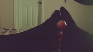 Milf in Ripped Tights Plays With Herself While Giving Foot Job to Fuck Machine