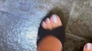Shoe play! Very high heels, pink metallic polish! BBW thighs 