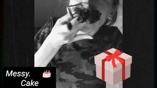 Messy eating birthday cake